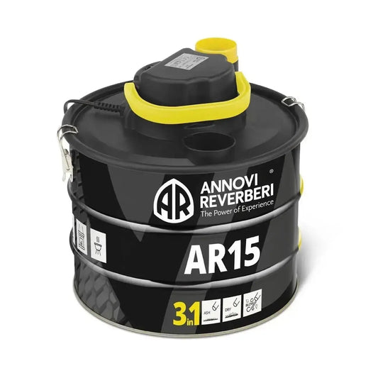 Bidone aspiraceneri AR15 3 in 1 da 15 litri con motore 1000W, design compatto con maniglia integrata e cerniere per sgancio rapido del coperchio.