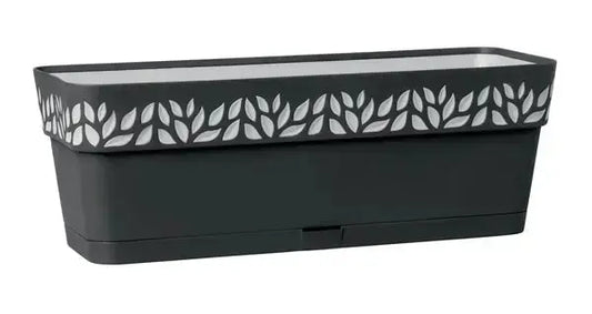 Fioriera autoirrigante con riserva d'acqua in plastica nera, con motivo foglie decorativo, perfetta per esterni, SKU: STEF-94373