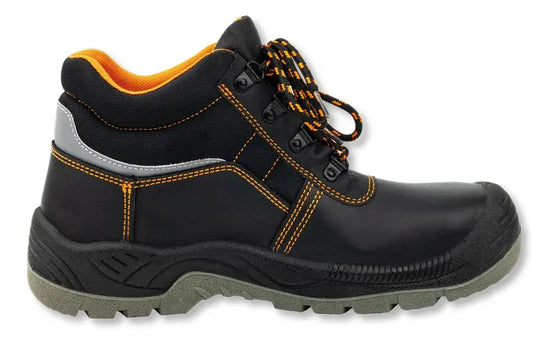 Scarpa da lavoro in pelle nera con rinforzi in gomma, suola antiscivolo, dettagli arancioni e fodera interna arancione, SKU: C/WS200-37