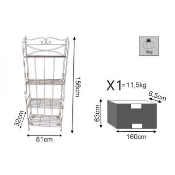 Estante in ferro bianco antico a 4 piani, dimensioni 61x32x156 cm, con struttura decorativa e ripiani per organizzare oggetti, SKU: MF802615