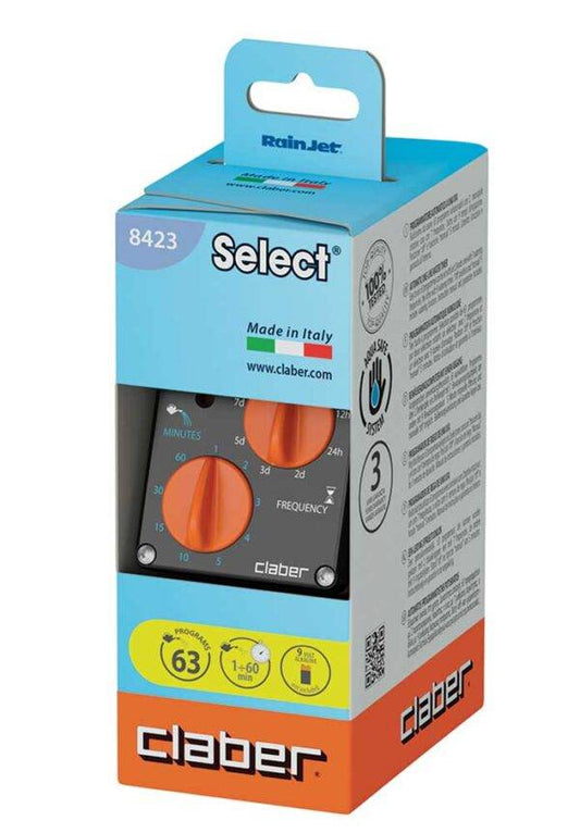 Confezione blister del Programmatore di irrigazione Select Cf, con 63 programmi, facile impostazione e batteria da 9V inclusa.