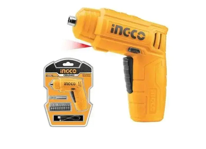Cacciavite a batteria 4V Ingco con luce LED, impugnatura ergonomica e accessori inclusi, ideale per lavori di precisione e montaggio rapido.