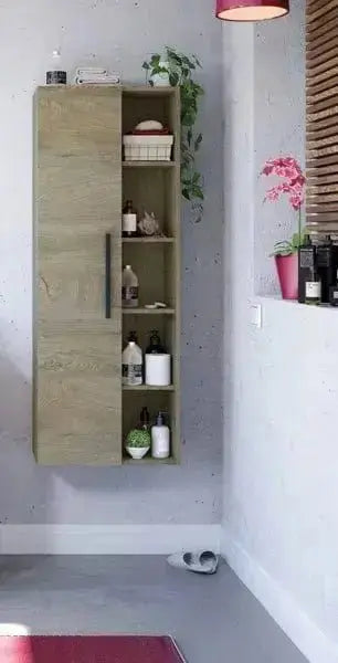 Colonna bagno sospesa Athena Rovere Alaska montata a parete, con ripiani aperti e chiusi, perfetta per organizzare accessori e prodotti da bagno.