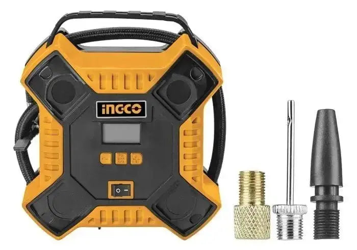 Compressore auto 12V 11BAR Ingco con display digitale, luce LED e accessori per gonfiaggio, ideale per pneumatici e gonfiabili.