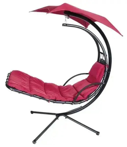 Dondolina Leaf in acciaio verniciato con seduta in tessuto poliestere rosso, perfetta per arredo esterno, dotata di cuscino e tettuccio.