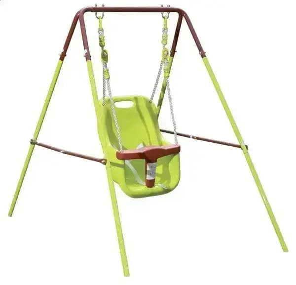Dondolo altalena da giardino baby 150x95x120h con struttura in acciaio verniciato verde e seggiolino di sicurezza, ideale per bambini piccoli.