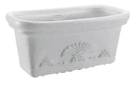 Fioriera Flora cm.60x30x28 in resina bianca con decoro floreale, resistente agli agenti atmosferici, ideale per esterni e balconi.