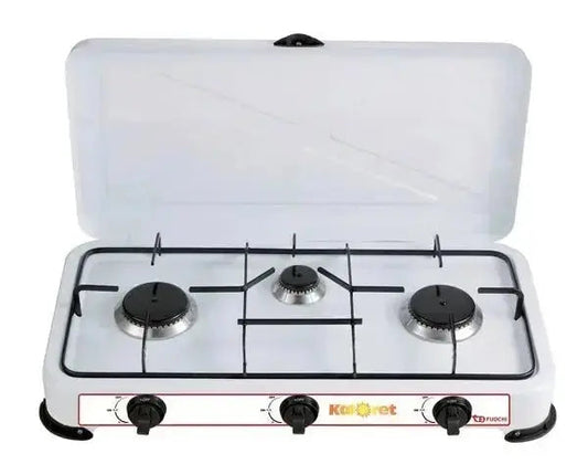 Fornello a gas da 3 fuochi con coperchio bianco e griglia smaltata resistente. Perfetto per cucine domestiche o attività all'aperto.