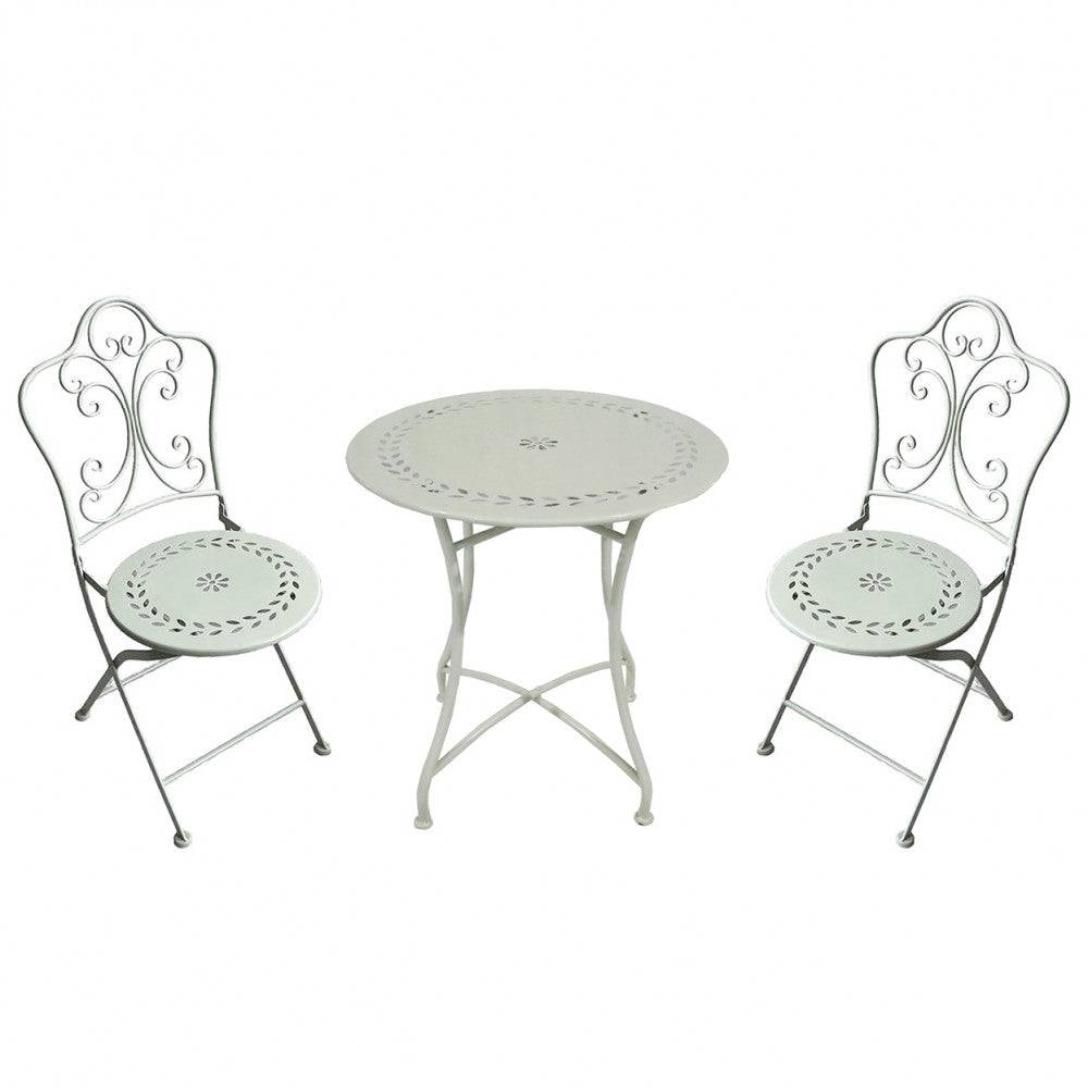 Set di sedie e tavolo da giardino in metallo bianco con design decorativo, tavolo rotondo Ø 60 cm, perfetto per spazi esterni, SKU: FE802601