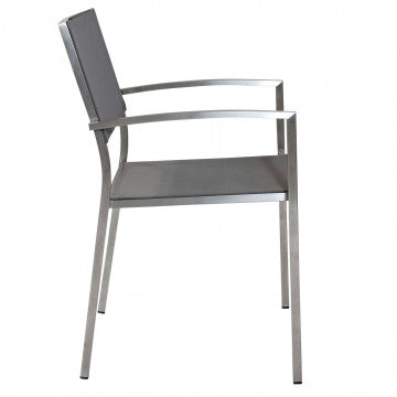 Vista laterale della sedia da giardino Poltrona Florida con struttura in acciaio inox e seduta in textilene grigio, perfetta per esterni eleganti.