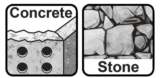 Icone che indicano l'uso per forare cemento e pietra, con simboli di superficie in calcestruzzo e pietra naturale