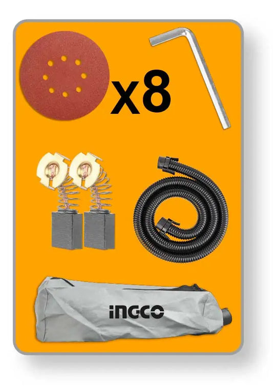 Set di accessori Ingco per levigatrice cartongesso, include 8 dischi abrasivi, 2 tamponi di carbone, tubo flessibile e chiave a brugola.