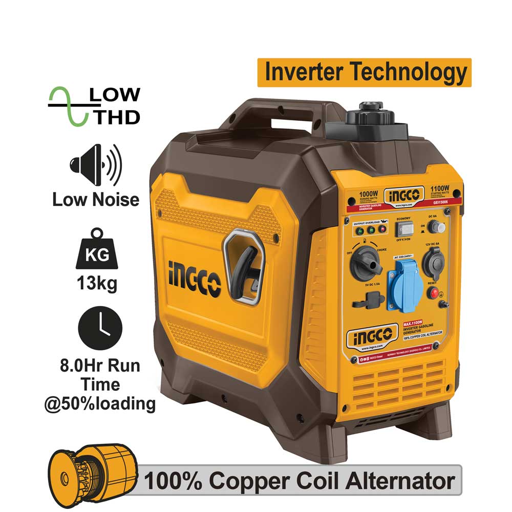 Generatore inverter a benzina giallo e nero con maniglia, tecnologia inverter, basso rumore, capacità 13kg, ideale per uso portatile