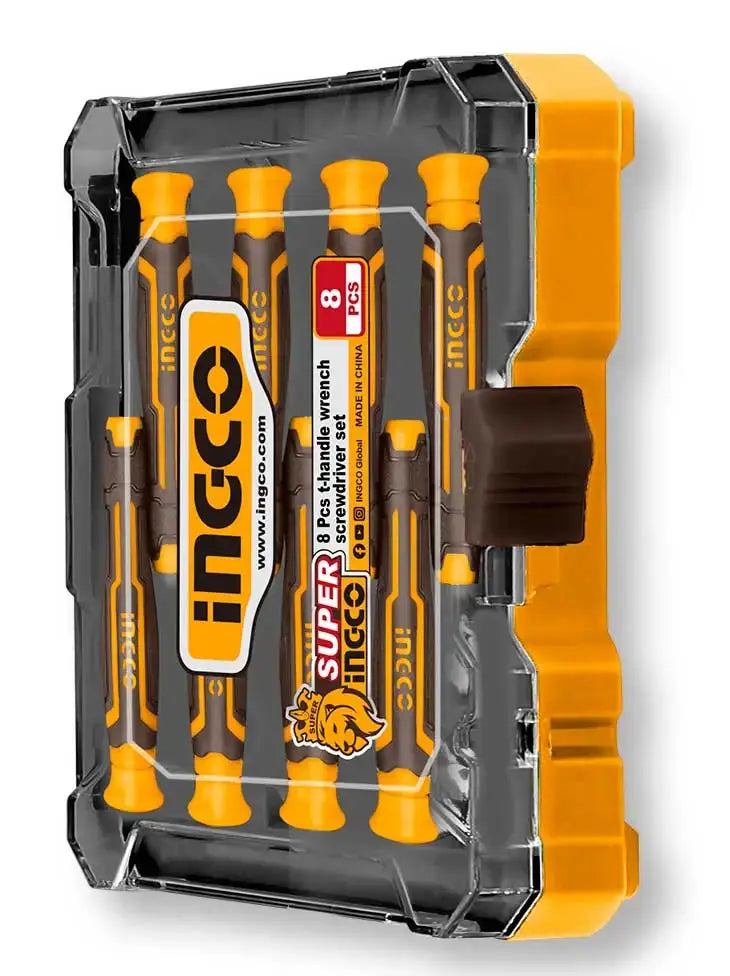 Set di 8 cacciaviti di precisione con manico ergonomico e punte magnetiche, contenuto in scatola gialla e trasparente, perfetto per riparazioni dettagliate