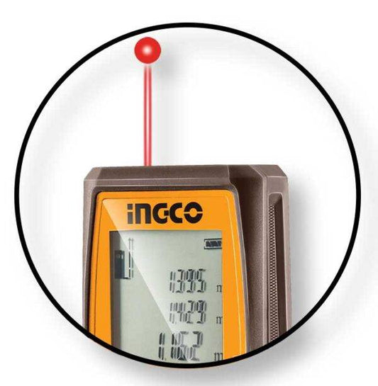 Dettaglio del Metro Laser Ingco 0,05-70MT con fascio laser rosso per misurazioni accurate fino a 70 metri.