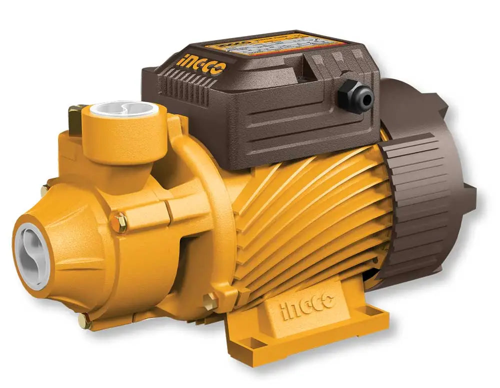 Pompa periferica Ingco 750W 1,0Hp in giallo e marrone, con corpo in plastica resistente, ideale per irrigazione domestica e industriale