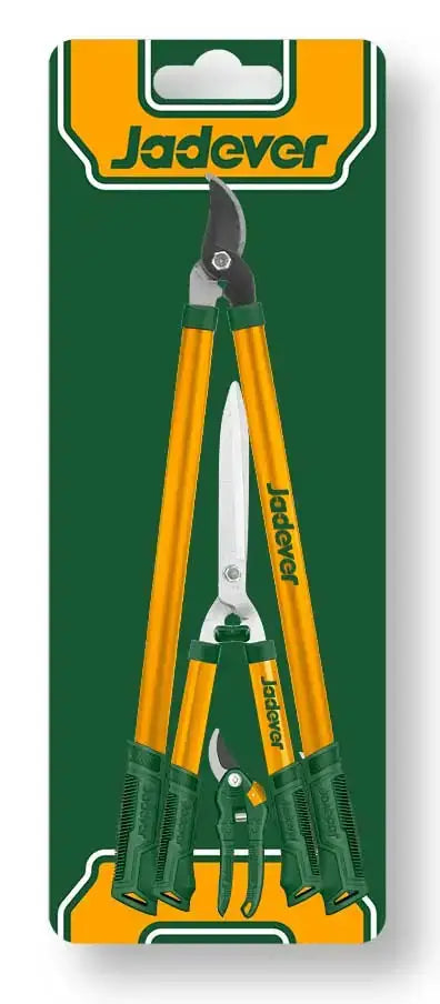 Confezione blister Set 3 cesoie da giardino Jadver: forbice, cesoia e tronchese per taglio piante, perfette per uso domestico e professionale.