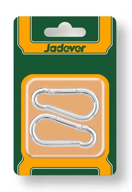 Set di 2 moschettoni pompiere in acciaio trasparente, confezionati in scatola con logo Jadever, utili per uso domestico e professionale