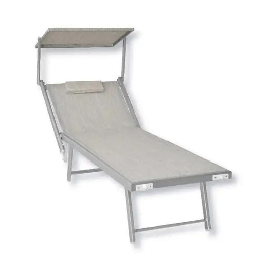 Lettino Lido in alluminio con tessuto texilene grigio, dotato di parasole regolabile e cuscino. Perfetto per il relax all'aperto.