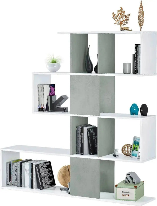 Libreria Zig-Zag cemento bianco con design contemporaneo, sei ripiani per libri e decorazioni, ideale per spazi moderni e funzionali.