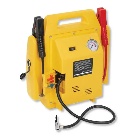 Retro dell'avviatore portatile 4in1 giallo con manometro, prese, cavi di avviamento e display, per manutenzione veicoli, SKU: M-POWX411