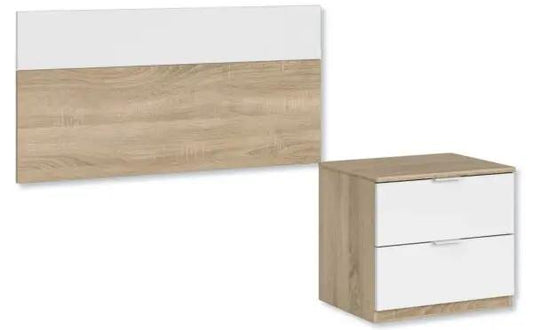 Testiera per letto singolo e comodino con due cassetti in Rovere Canadian e Bianco Artik. Ideale per camere da letto moderne e compatte.