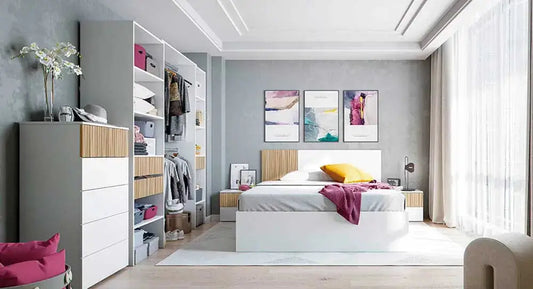 Camera moderna con armadio guardaroba Ethna 3 cassetti + ripiani 190x40x187h integrato, perfetto per arredare con stile e funzionalità.