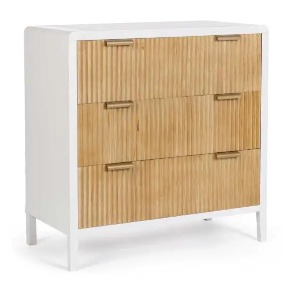 Mobile cassettiera Charley con 3 cassetti in legno di Paulownia, finitura bianca e naturale. Dimensioni 80x40x82h, design moderno ed elegante.