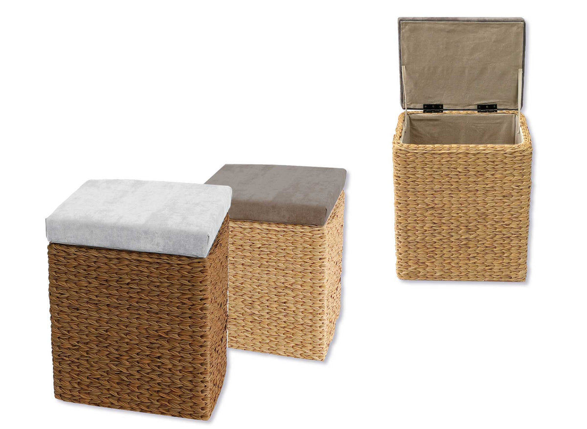 Sgabello contenitore 'LIME' in fibra naturale con cuscino grigio, dimensioni 45x33x53h cm, con seduta imbottita e spazio per riporre oggetti.