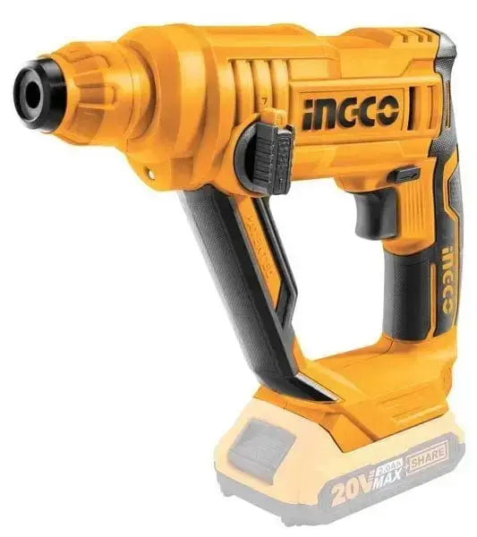 Martello tassellatore a batteria litio 20V nudo Ingco con impugnatura ergonomica e attacco SDS-Plus, ideale per forature precise su legno e metallo.