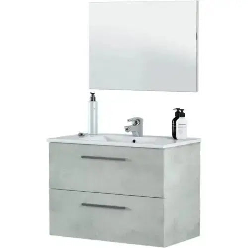 Mobile bagno sospeso Aruba in cemento con due cassettoni e lavabo, ideale per un bagno moderno e organizzato.