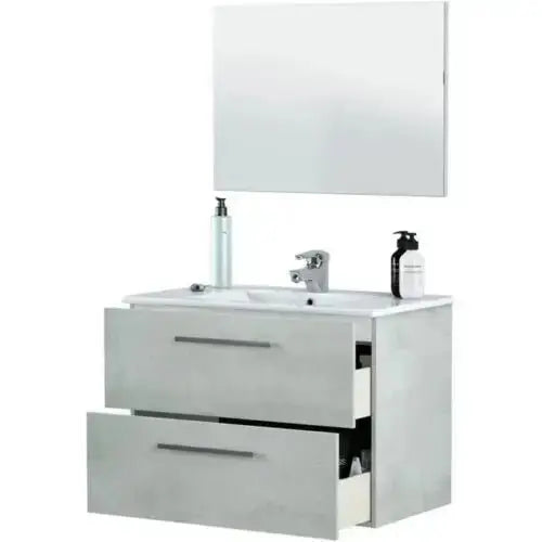 Mobile bagno sospeso Aruba in cemento con cassettoni aperti, specchio e lavabo, ideale per un bagno moderno e pratico.