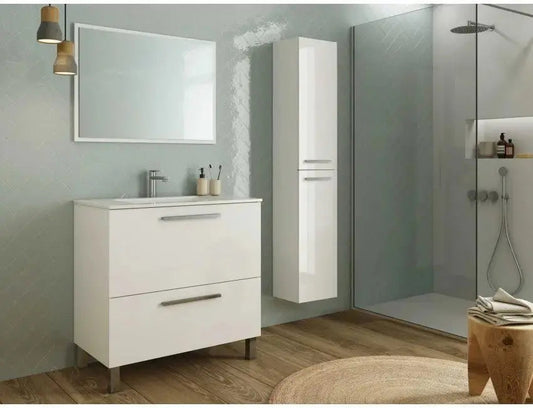 Set di mobili bagno bianco con mobile 80x45x80h e armadietto verticale, design minimalista per un bagno moderno.