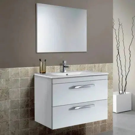 Set di mobili bagno sospeso bianco con 2 cassetti, lavabo e specchio rettangolare, design elegante per arredo bagno.
