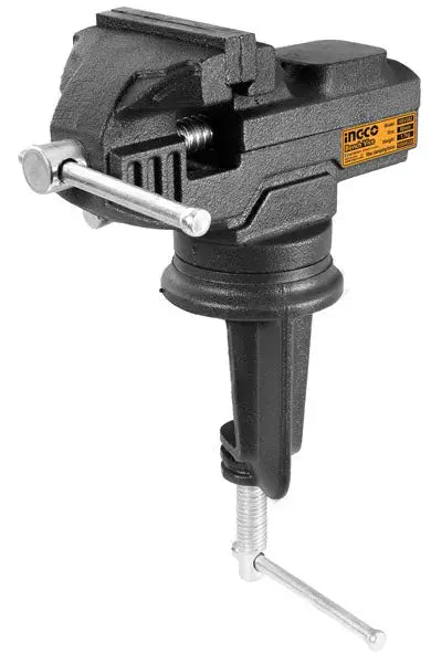 Morsa da banco girevole Ingco con morsetto da tavolo, compatta e versatile per artigiani e hobbisti in spazi ridotti.