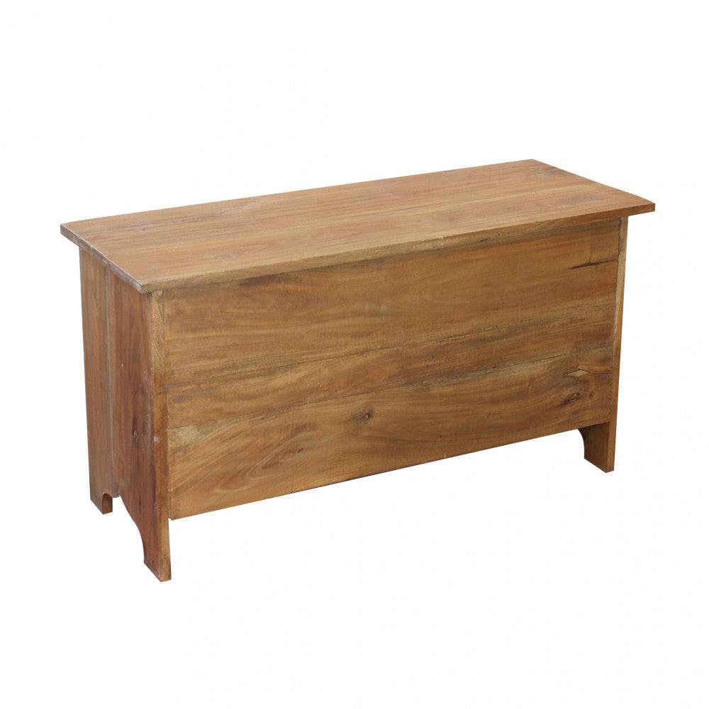 Baule in legno riciclato marrone con dimensioni 95x38x51cm, ideale per lo storage e la decorazione di interni, stile rustico e naturale.
