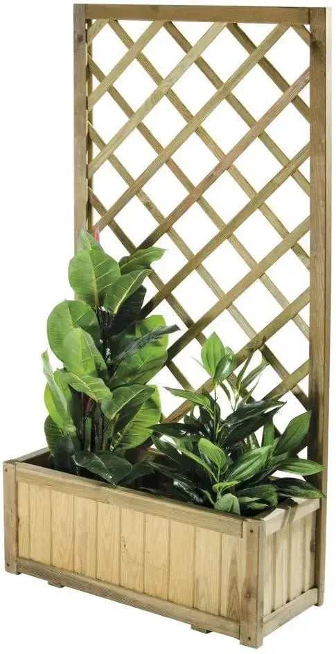 Fioriera in legno di pino con pannello a griglia, decorata con piante verdi, perfetta per interni ed esterni.