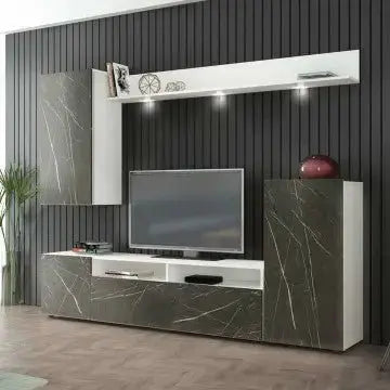Parete Soggiorno Bridge Bianco Lucido e Antracite Effetto Marmo cm 207 x 34 x 170 h Pareti Attrezzate Hobby Shop Solution