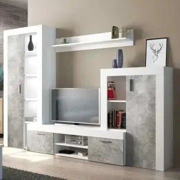 Parete Soggiorno Nobel Bianco e Grigio Effetto Cemento cm 263 x 40 x 200 h Pareti Attrezzate Hobby Shop Solution