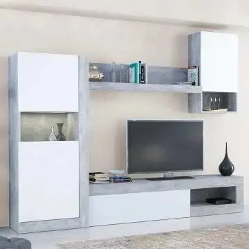 Parete Soggiorno Roomy Bianco e Grigio Effetto Cemento cm 255 x 40 x 200 h Pareti Attrezzate Hobby Shop Solution