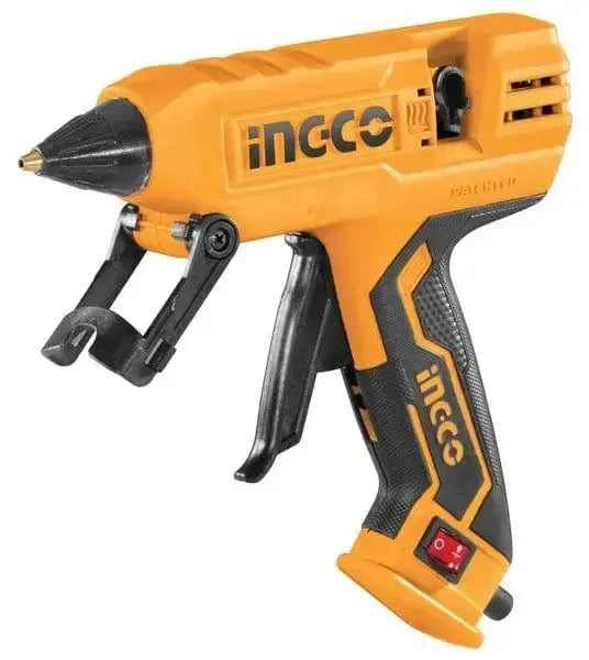 Pistola termocollante professionale 220W Ingco con impugnatura ergonomica e interruttore ON/OFF, ideale per incollaggi precisi e rapidi.