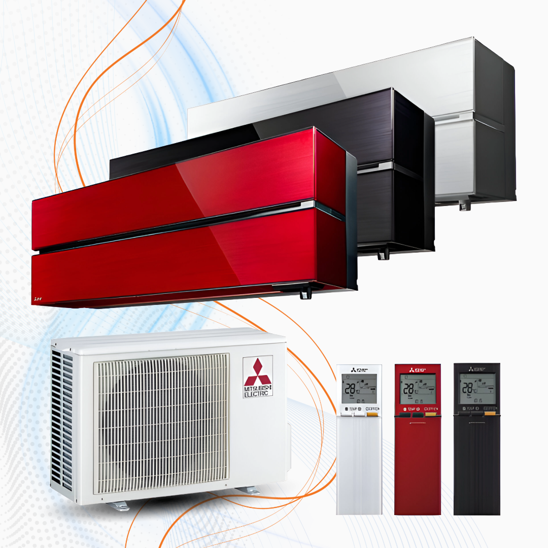 Set di unità interne ed esterne Mitsubishi con finiture nere, rosse e bianche, display digitali e tecnologia inverter R-32