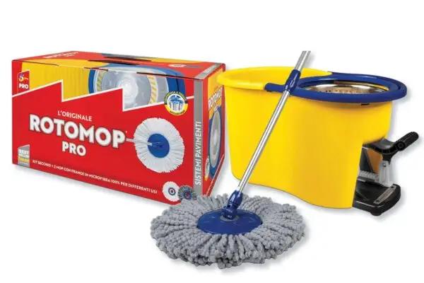 Rotomop pro kit con secchio giallo, pedale integrato e 2 mop con 500 frange in microfibra 100%, ideale per la pulizia della casa.
