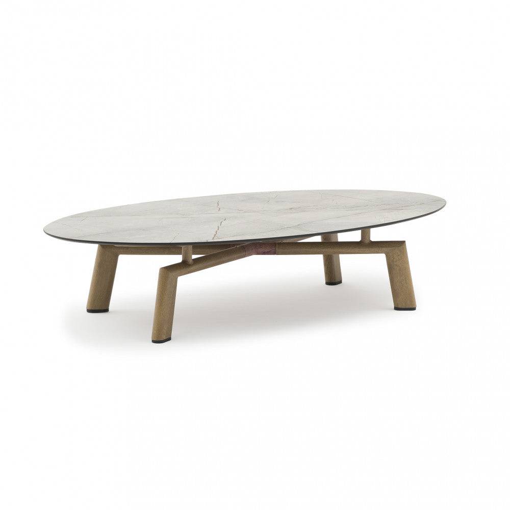 Tavolino modulare Medellín con piano ovale in HPL effetto marmo bianco, struttura in legno di colore marrone e grigio, design moderno e versatile