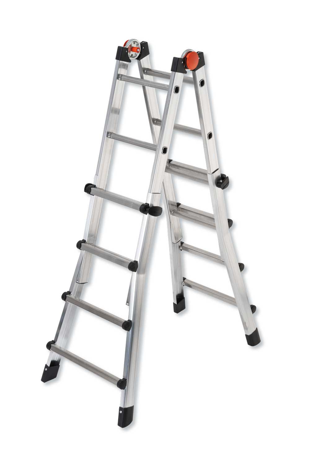 Scala telescopica in alluminio resistente con sistema di articolazione in acciaio, portata 150KG, colore argento, con piedini antiscivolo