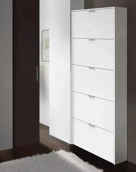 Scarpiera 5 ante bianca posizionata in un corridoio moderno, con design salvaspazio e maniglie in alluminio. Perfetta per ambienti eleganti.