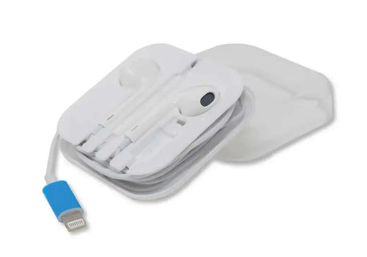 Auricolari Lightning bianchi ripiegati con cavo e connettore Lightning, design compatto e pratico, perfetti per ascolto e chiamate, SKU: SF302