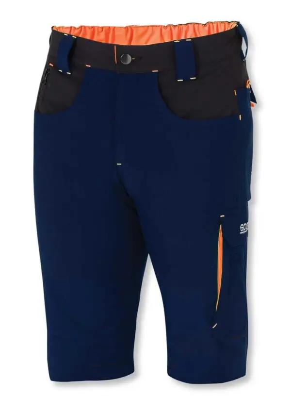 Bermuda Sparco Laredo blu scuro con dettagli arancioni, tessuto tecnico leggero, tasche funzionali e cintura elastica regolabile.