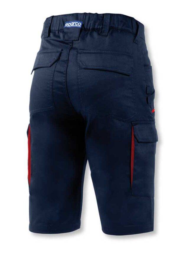 Retro dei Bermuda Sparco Hawaii Blu, tessuto resistente con tasche posteriori e laterali. Taglie S-2XL, ideale per comfort e praticità.