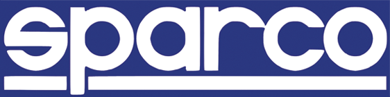 Logo Sparco bianco su sfondo blu, simbolo di qualità e design innovativo per calzature e accessori sportivi.